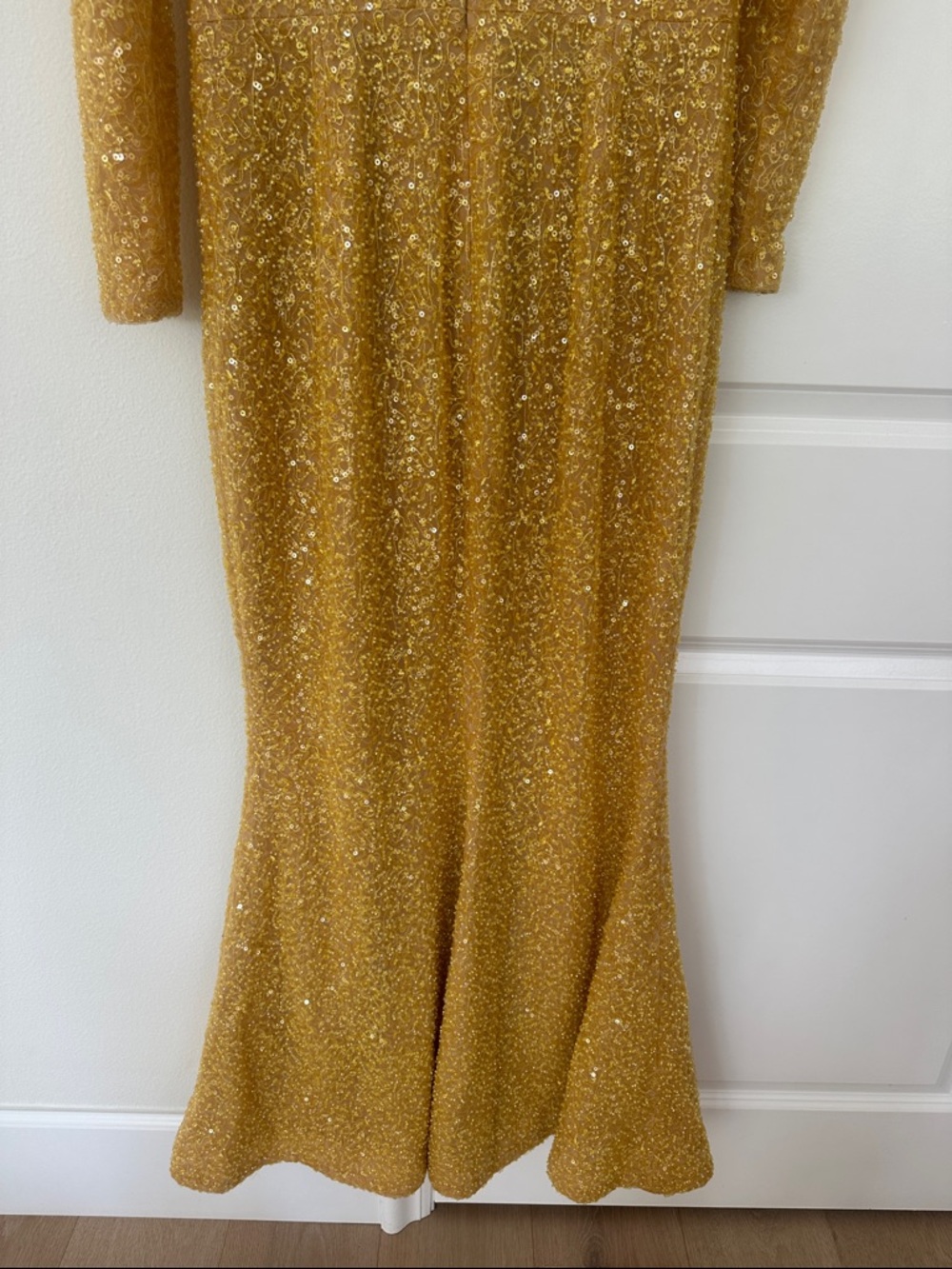 Gold Sequin Long Sleeve Floral-Embellished Evening Dress - Picture 8 of 9